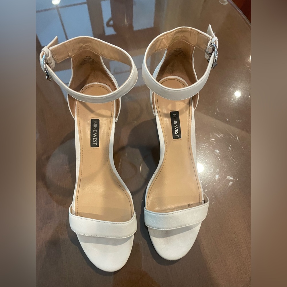 Nine West White Ankle Strap Wedge Sandals, Size 8.5